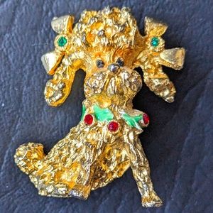 Vintage MYLU Holiday Gold Poodle with Holly Berry Collar Pin